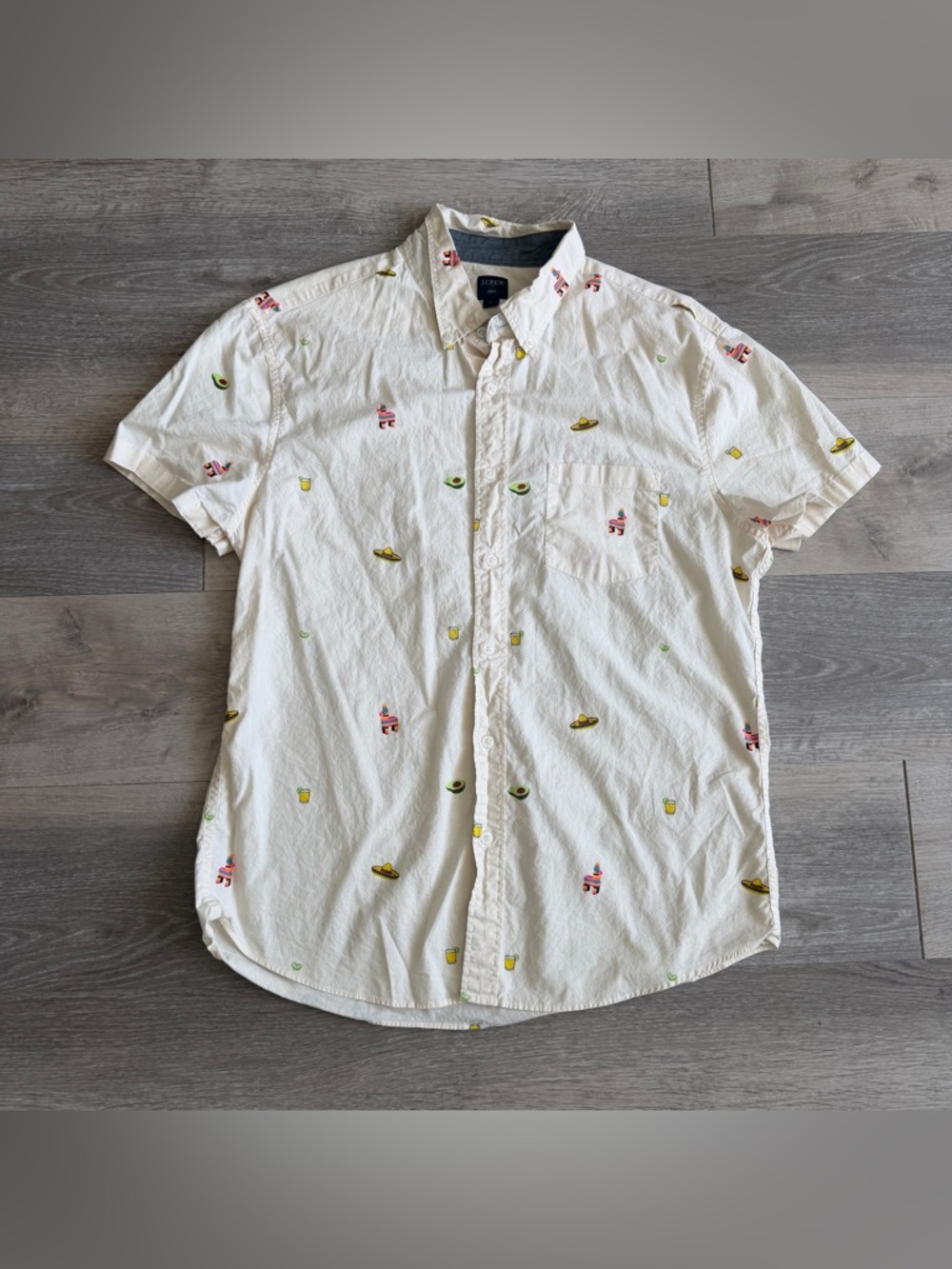 J crew cinco de mayo taco avocado piñata button down short sleeve cotton shirt L